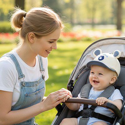 maman regardant bebe dans berceau ayant casquette bebe