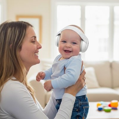 maman regardant bebe souriant ayant casque anti bruit bebe