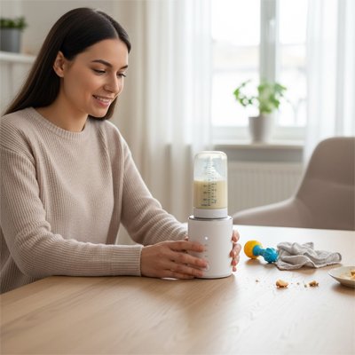 maman regardant chauffe biberon portatif sur table