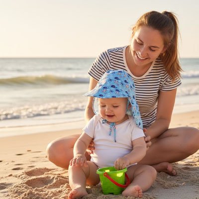 maman souriant avec bebe portant casquette bebe bleue a plage