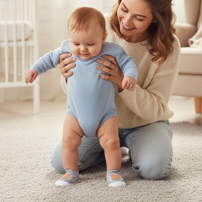 maman souriante assise tenant bebe portant chaussure pour bebe grise