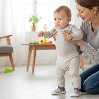 maman souriante assise tenant bebe portant chaussure pour bebe