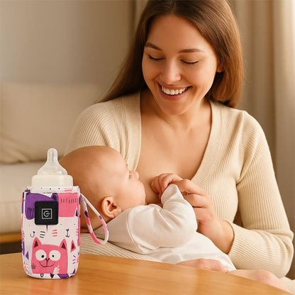 maman souriante portant bebe près chauffe biberon portable