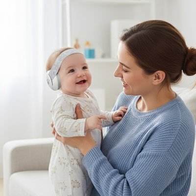 maman souriante regardant bebe souriant portant casque anti bruit bebe