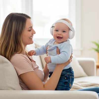 maman tenant bebe souriant portant casque anti bruit bebe