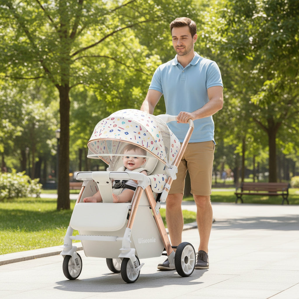 papa conduisant bebe dans poussette pour les bébés