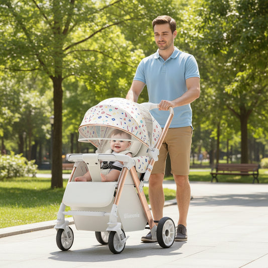 papa conduisant bebe dans poussette pour les bébés