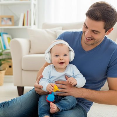 papa tenant bebe souriant portant casque anti bruit bebe