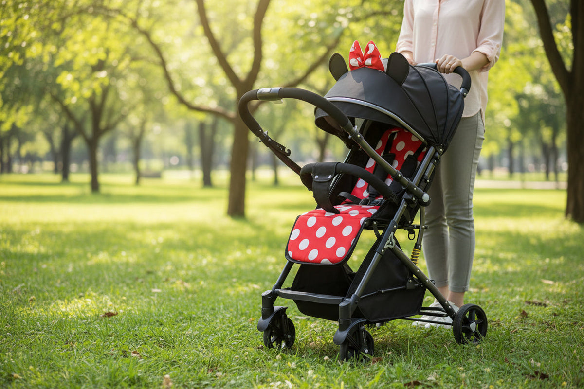 poussette bebe Minnie Disney dans parc 